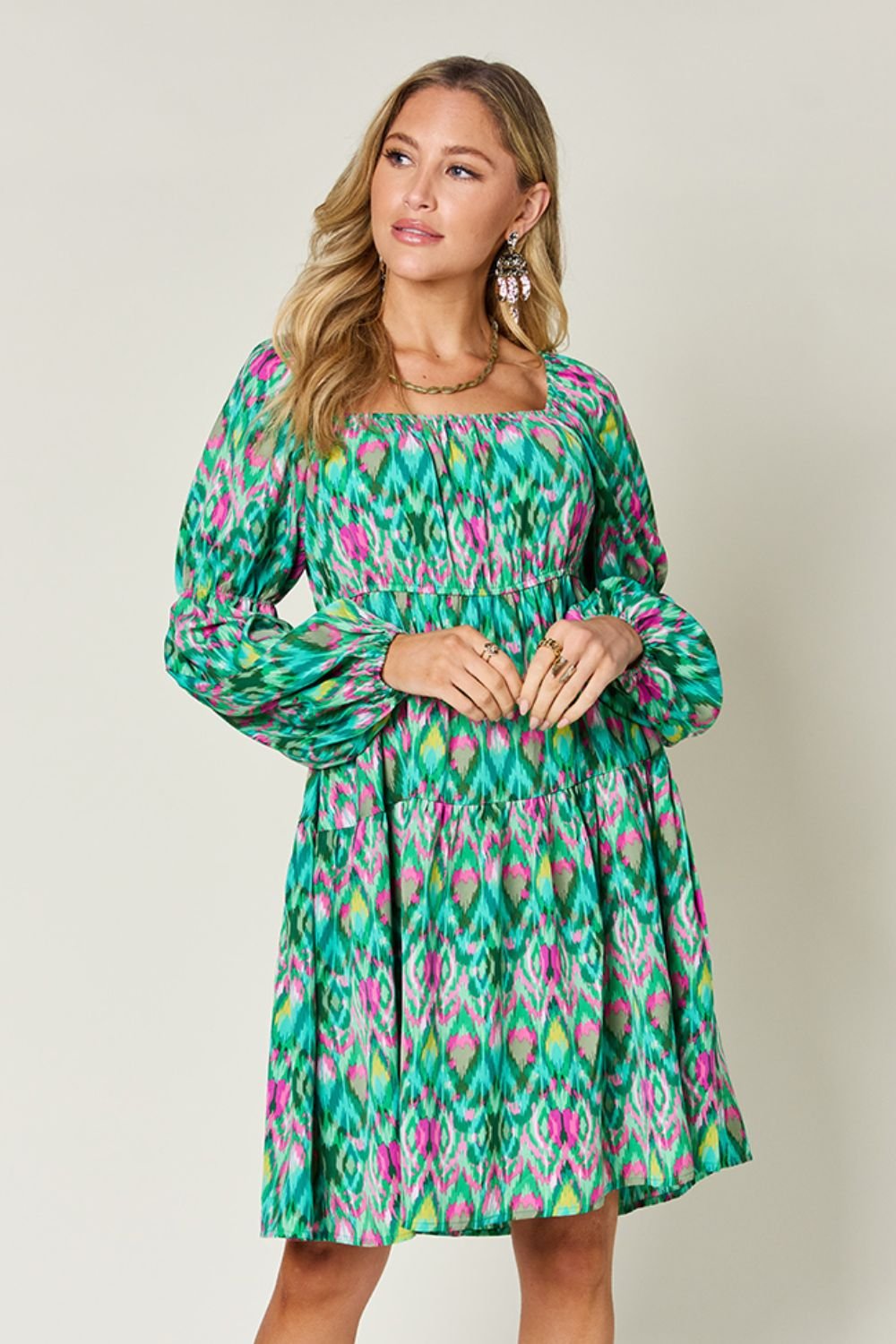 Double Take - Printed Long Sleeve Mini Dress with Pockets