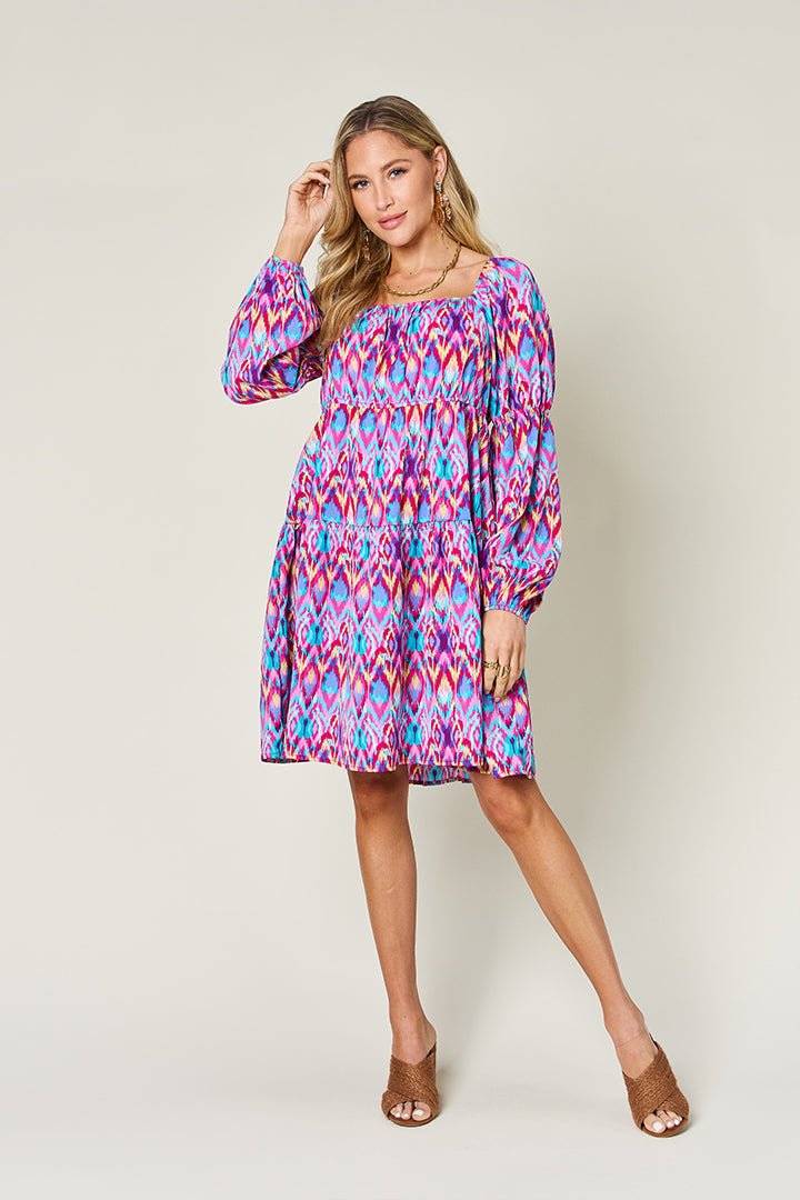 Double Take - Printed Long Sleeve Mini Dress with Pockets