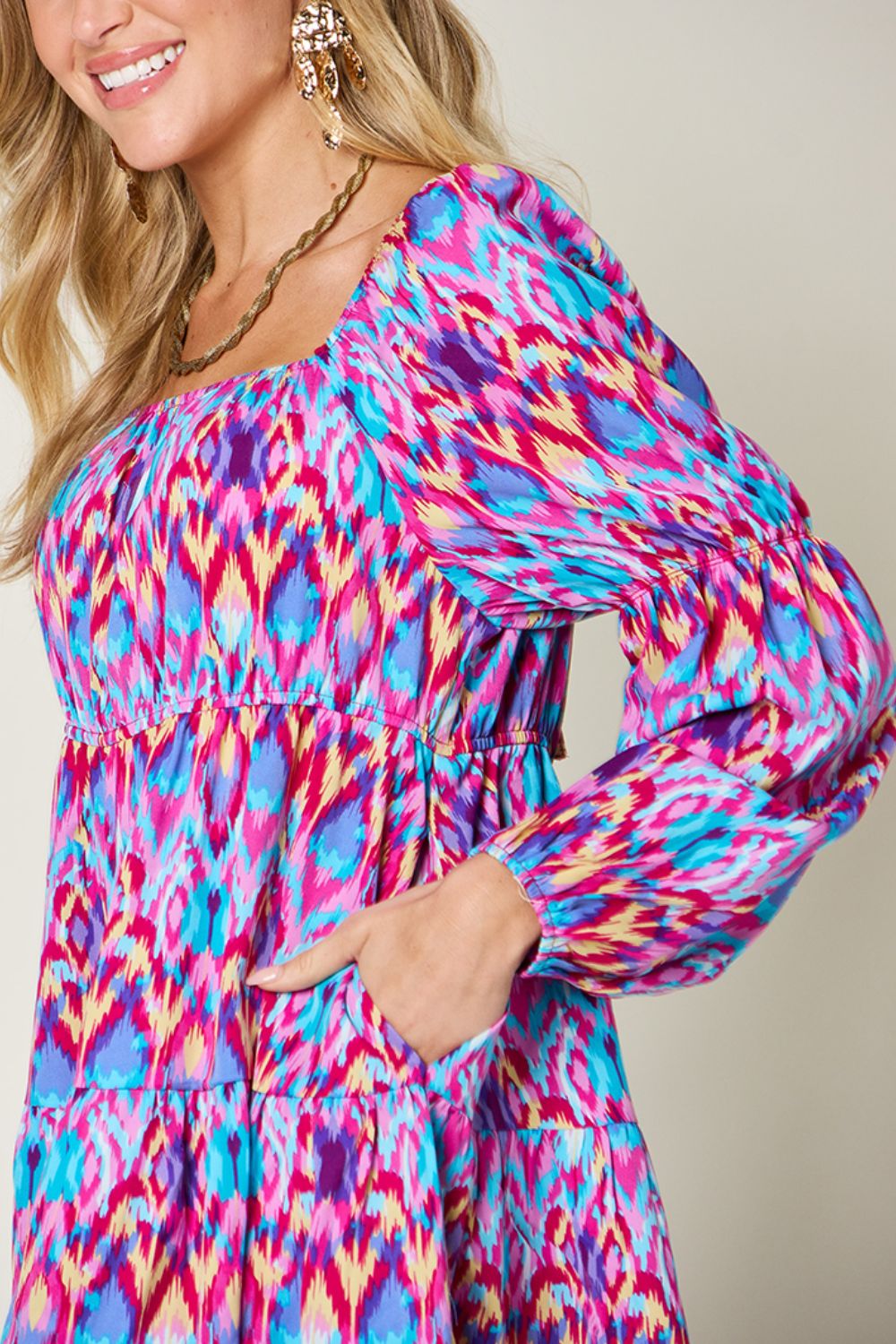 Double Take - Printed Long Sleeve Mini Dress with Pockets