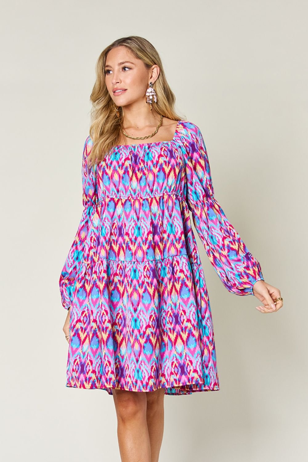 Double Take - Printed Long Sleeve Mini Dress with Pockets