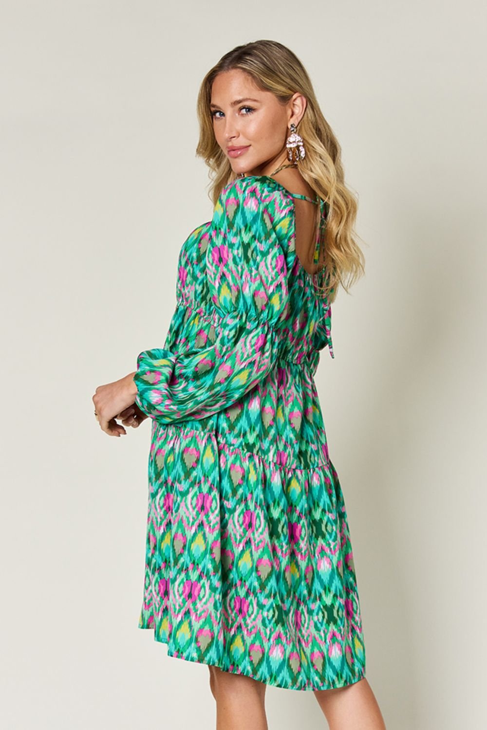 Double Take - Printed Long Sleeve Mini Dress with Pockets