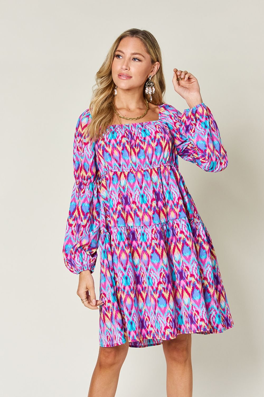 Double Take - Printed Long Sleeve Mini Dress with Pockets