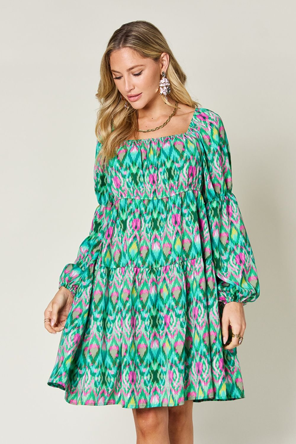 Double Take - Printed Long Sleeve Mini Dress with Pockets