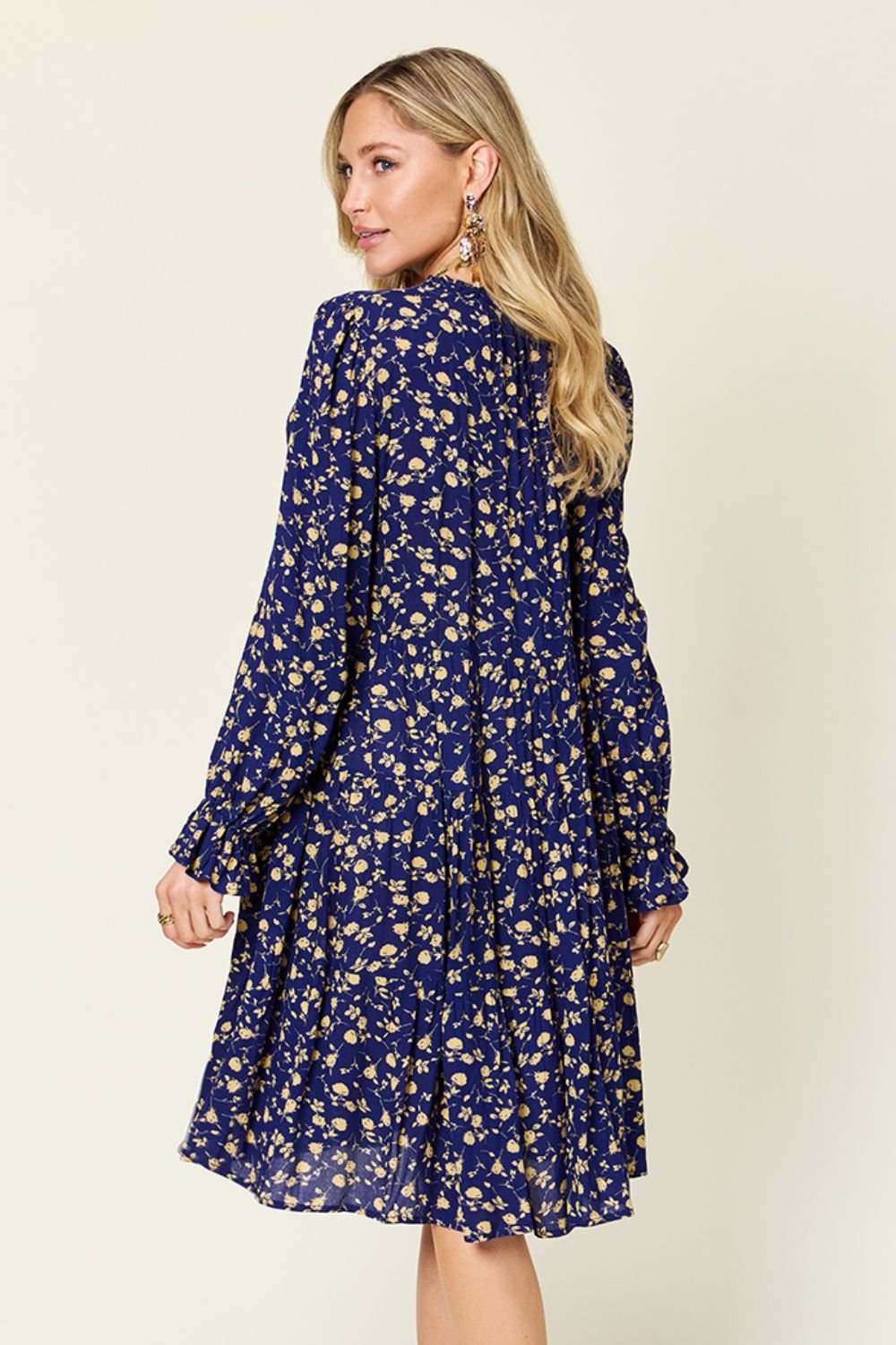 Double Take - Printed Ruffle Hem Long Sleeve Knee - Length Dress