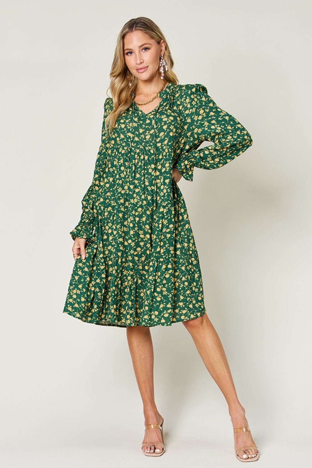 Double Take - Printed Ruffle Hem Long Sleeve Knee - Length Dress