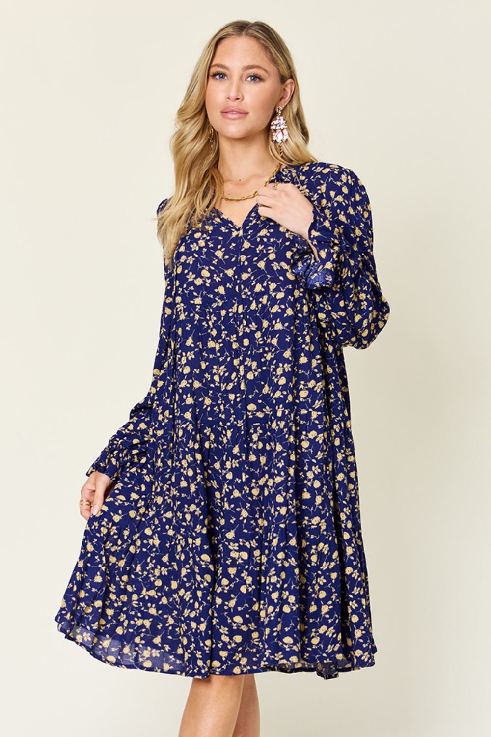 Double Take - Printed Ruffle Hem Long Sleeve Knee - Length Dress