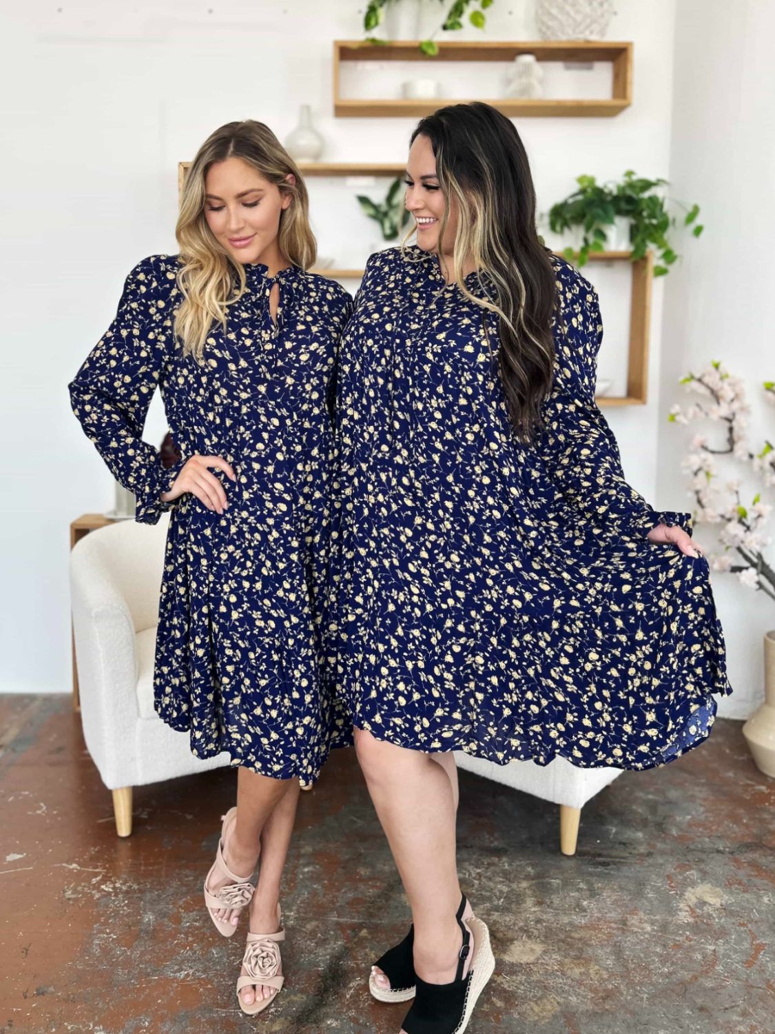 Double Take - Printed Ruffle Hem Long Sleeve Knee - Length Dress