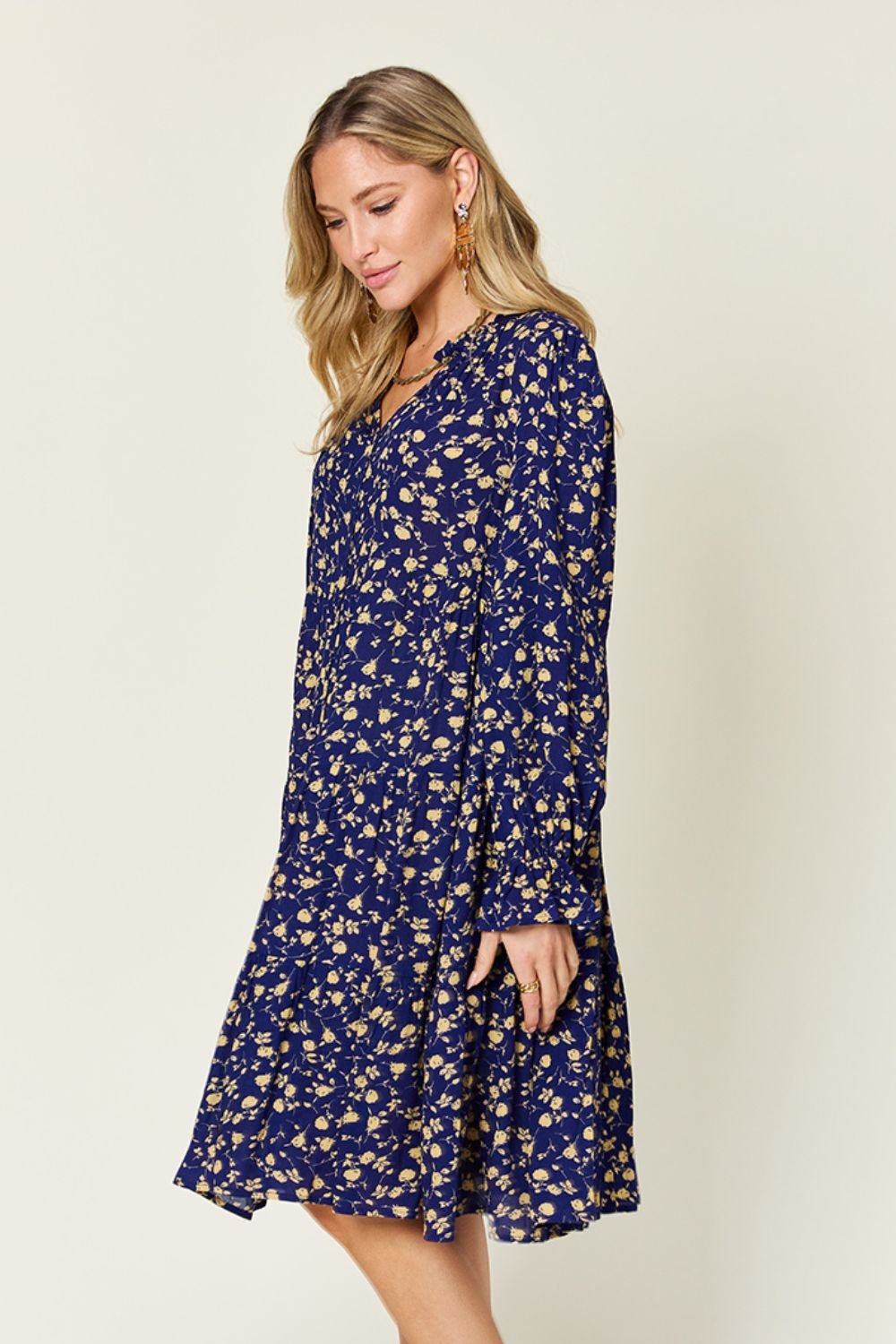 Double Take - Printed Ruffle Hem Long Sleeve Knee - Length Dress