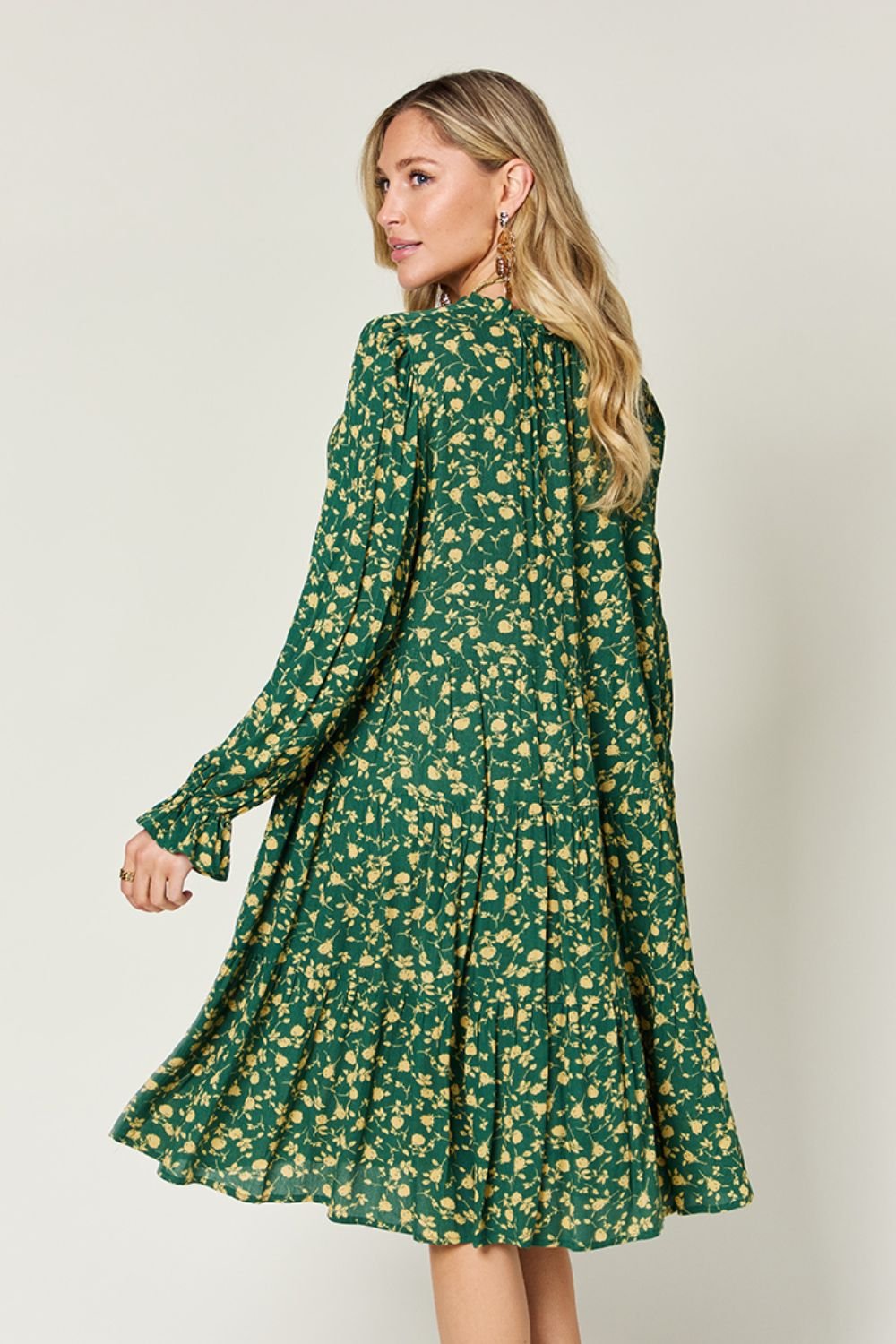 Double Take - Printed Ruffle Hem Long Sleeve Knee - Length Dress