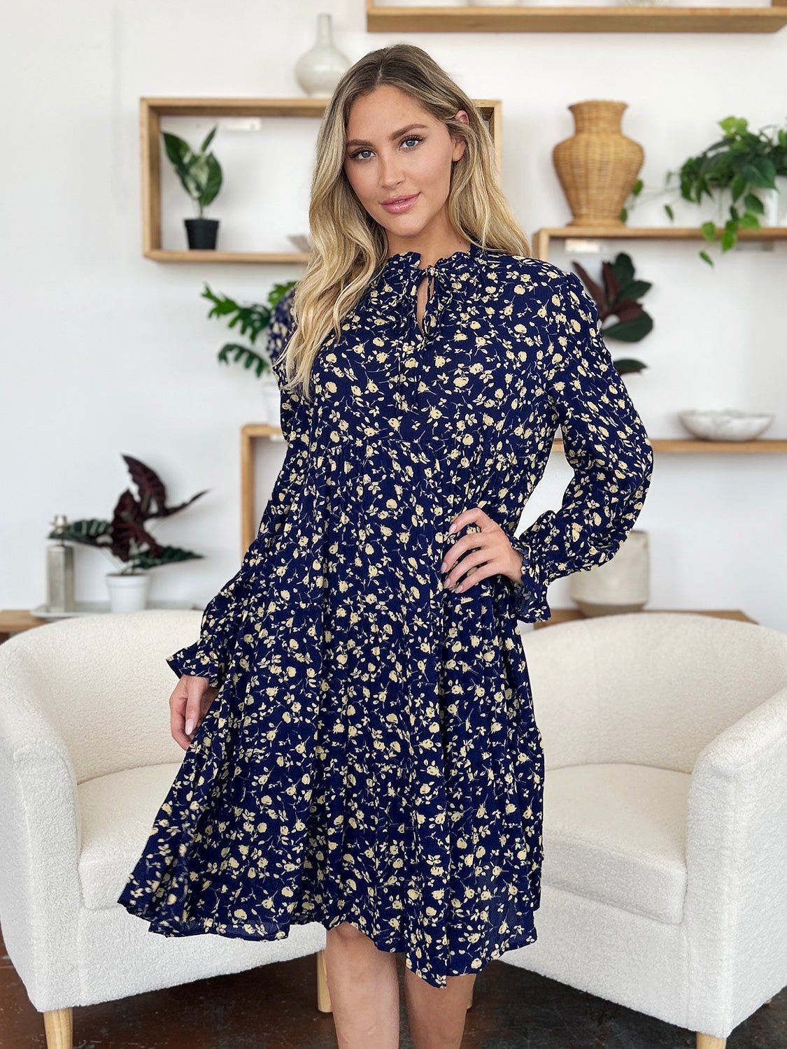 Double Take - Printed Ruffle Hem Long Sleeve Knee - Length Dress