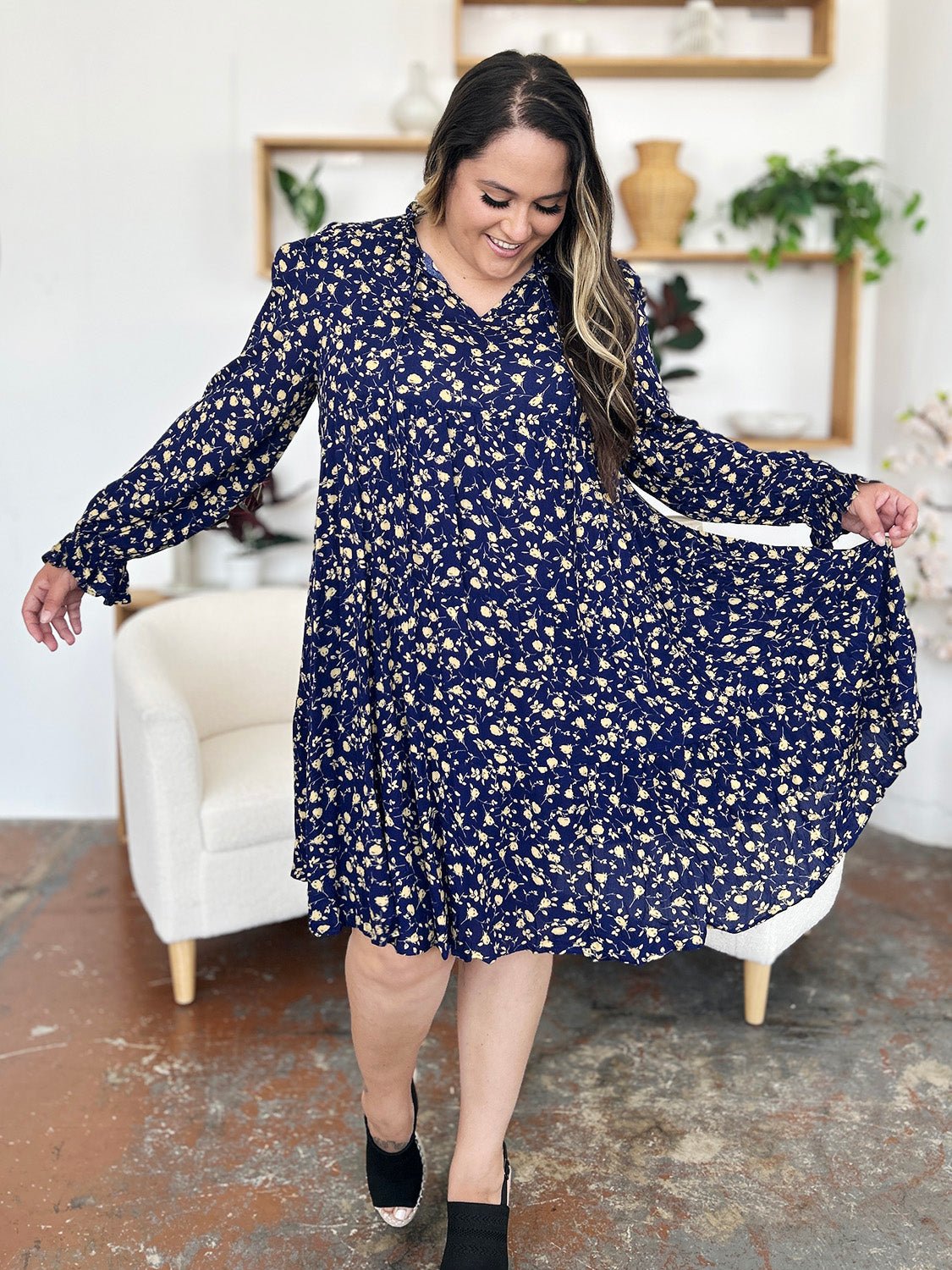 Double Take - Printed Ruffle Hem Long Sleeve Knee - Length Dress