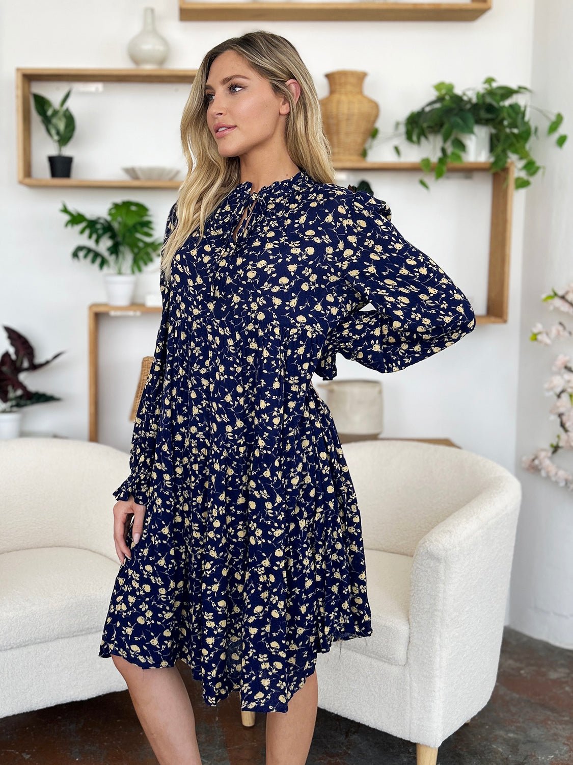 Double Take - Printed Ruffle Hem Long Sleeve Knee - Length Dress