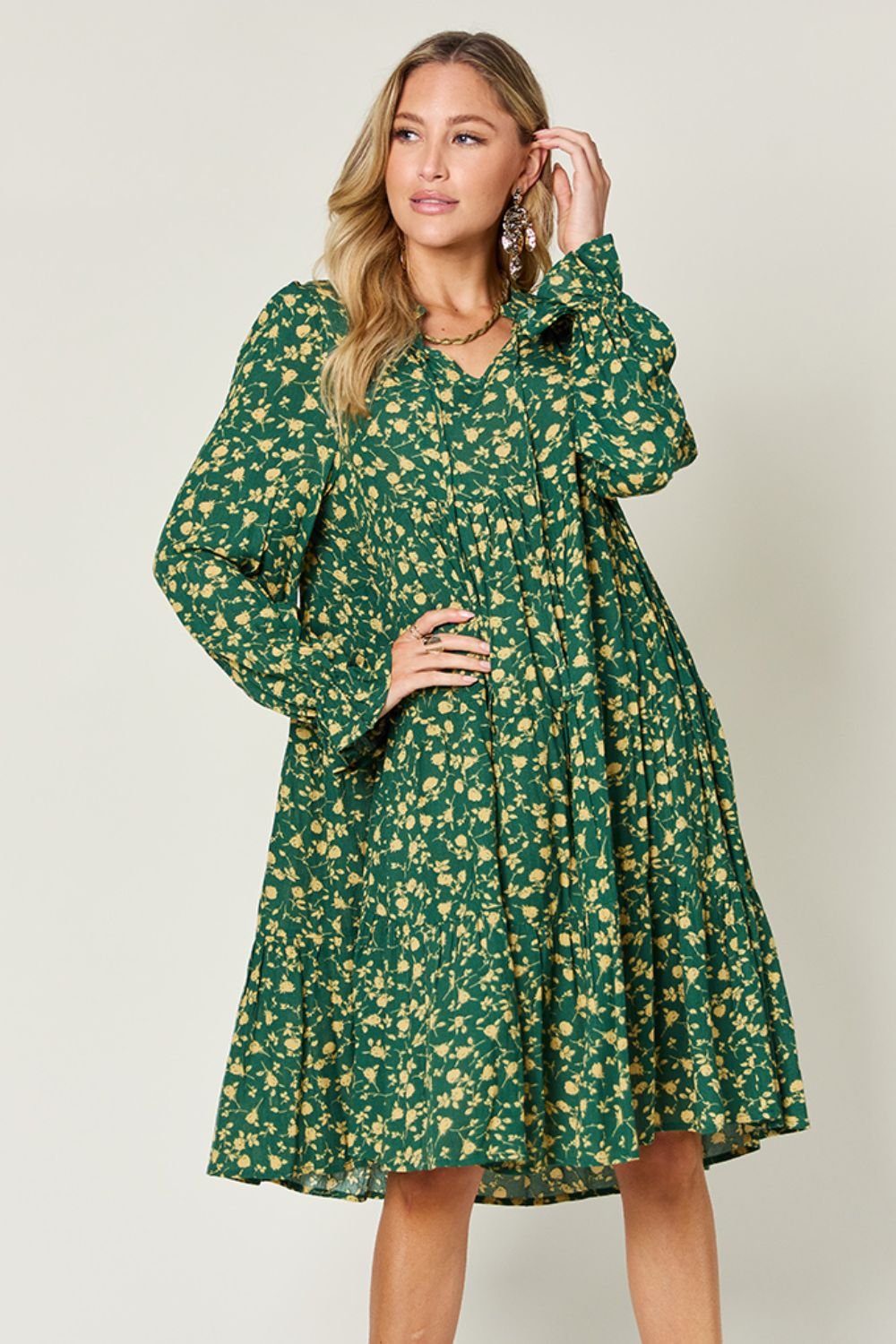 Double Take - Printed Ruffle Hem Long Sleeve Knee - Length Dress