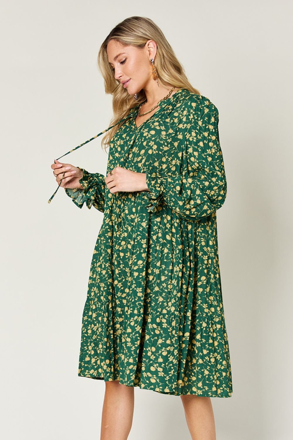 Double Take - Printed Ruffle Hem Long Sleeve Knee - Length Dress