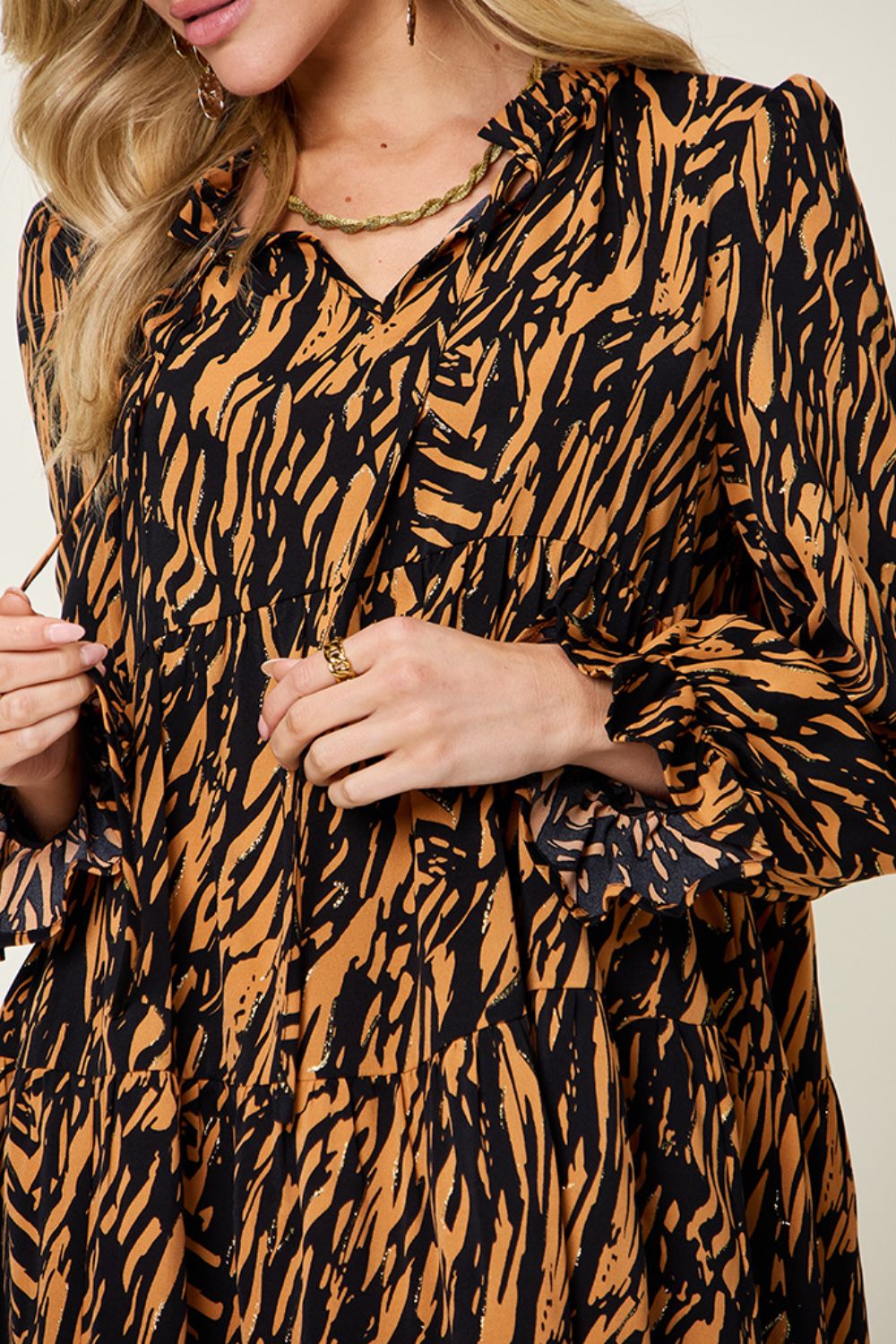 Double Take - Printed Ruffle Hem Long Sleeve Knee - Length Dress in Caramel