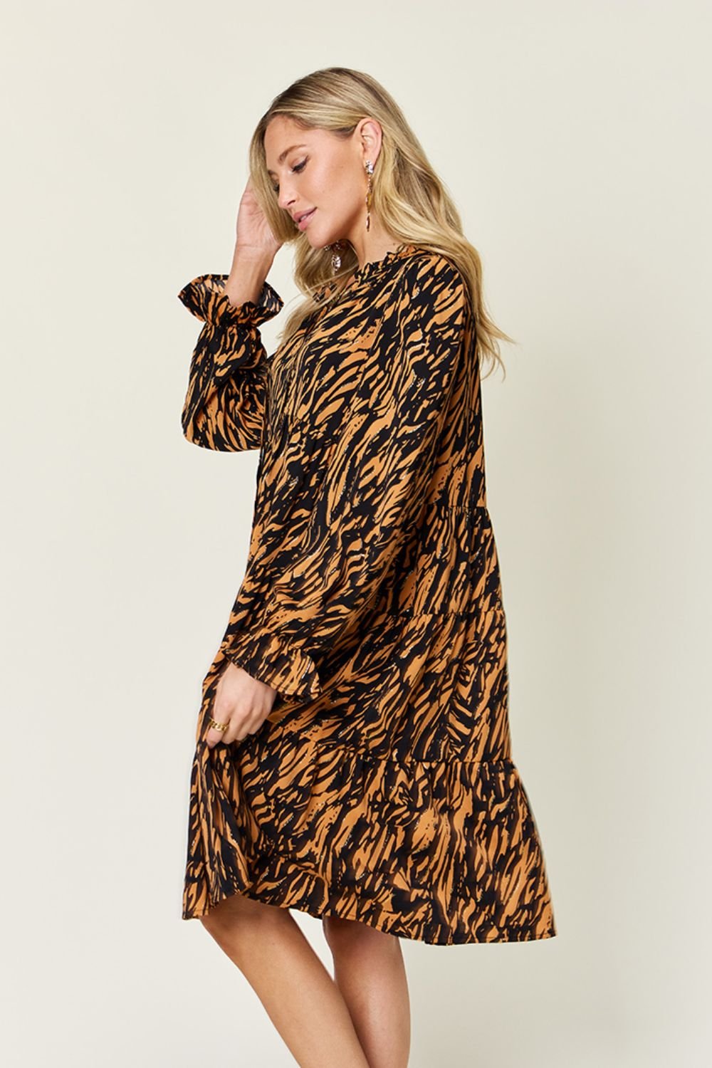 Double Take - Printed Ruffle Hem Long Sleeve Knee - Length Dress in Caramel