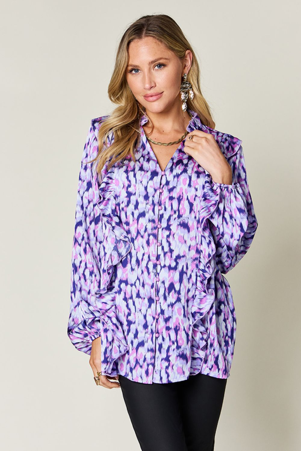 Double Take - Printed Ruffle Trim Balloon Sleeve Shirt