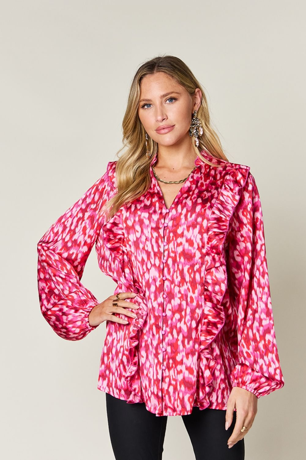 Double Take - Printed Ruffle Trim Balloon Sleeve Shirt