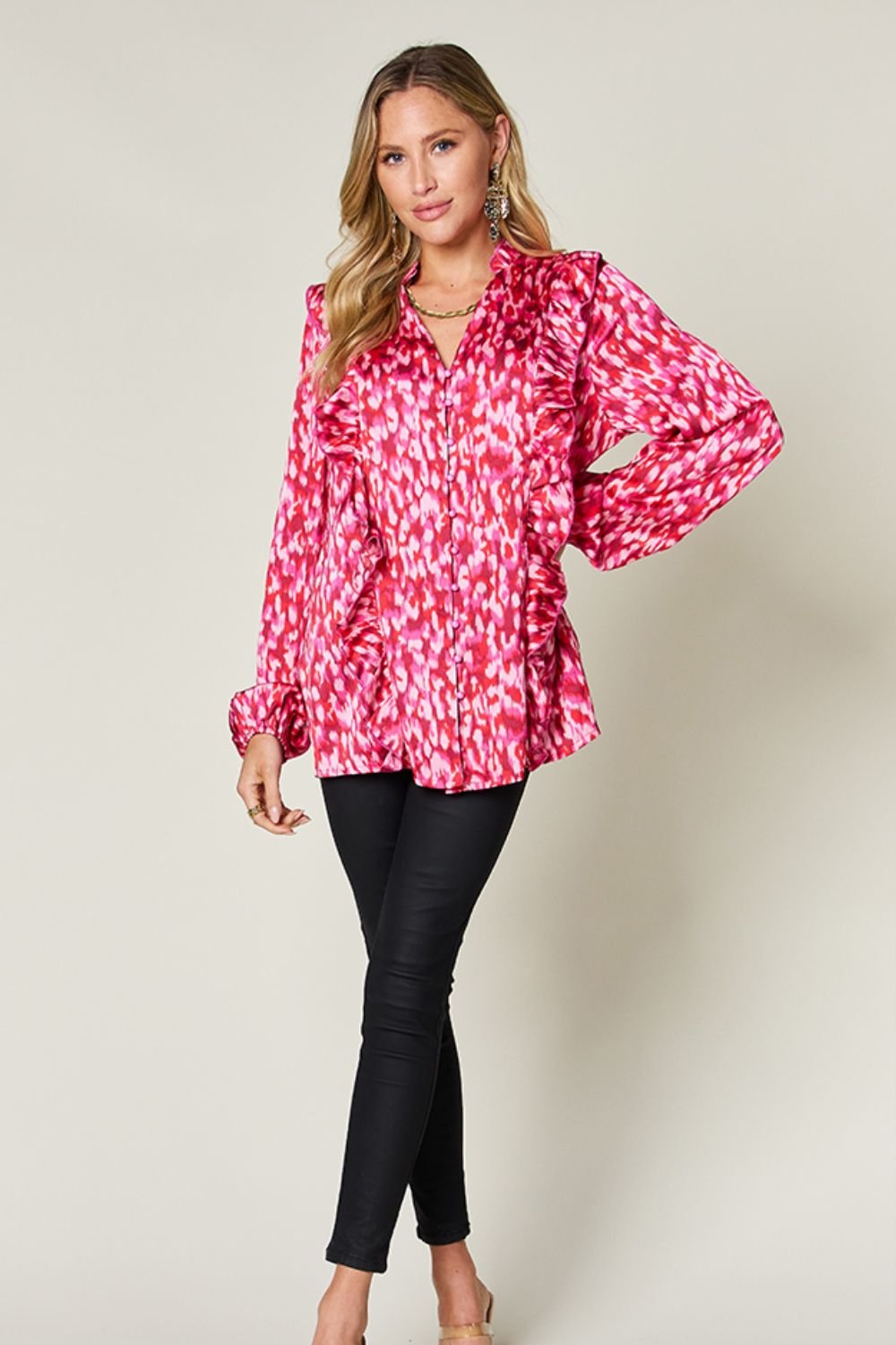 Double Take - Printed Ruffle Trim Balloon Sleeve Shirt