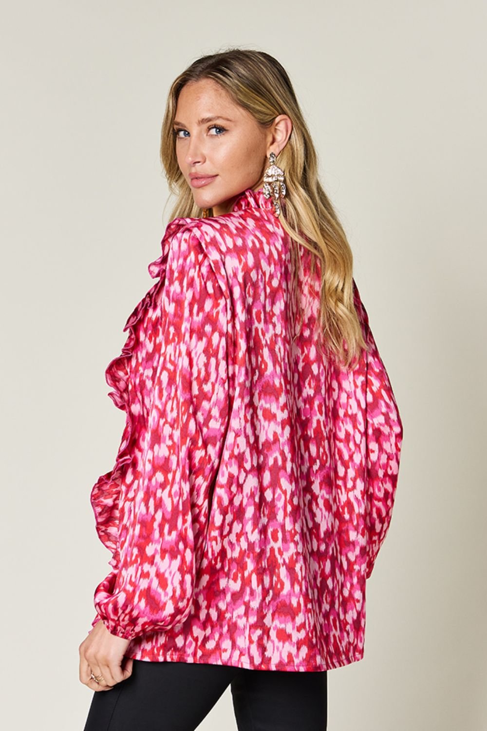 Double Take - Printed Ruffle Trim Balloon Sleeve Shirt