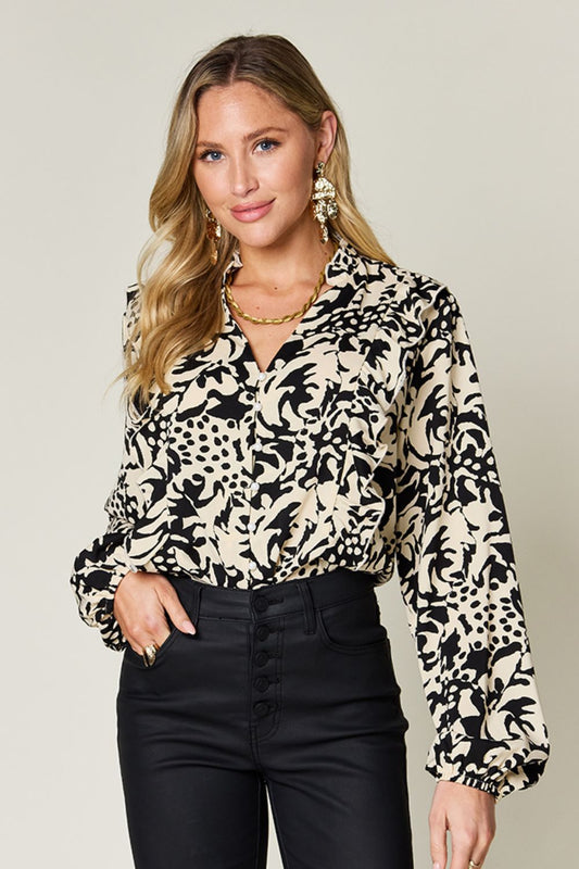 Double Take - Printed Ruffle Trim Balloon Sleeve Shirt