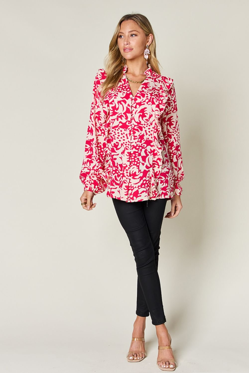 Double Take - Printed Ruffle Trim Balloon Sleeve Shirt