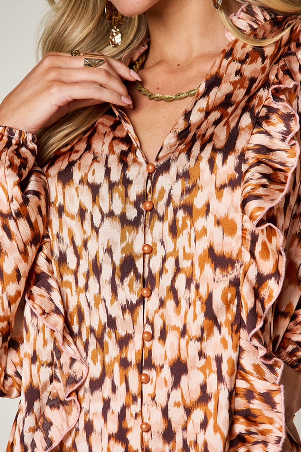 Double Take - Printed Ruffle Trim Balloon Sleeve Shirt