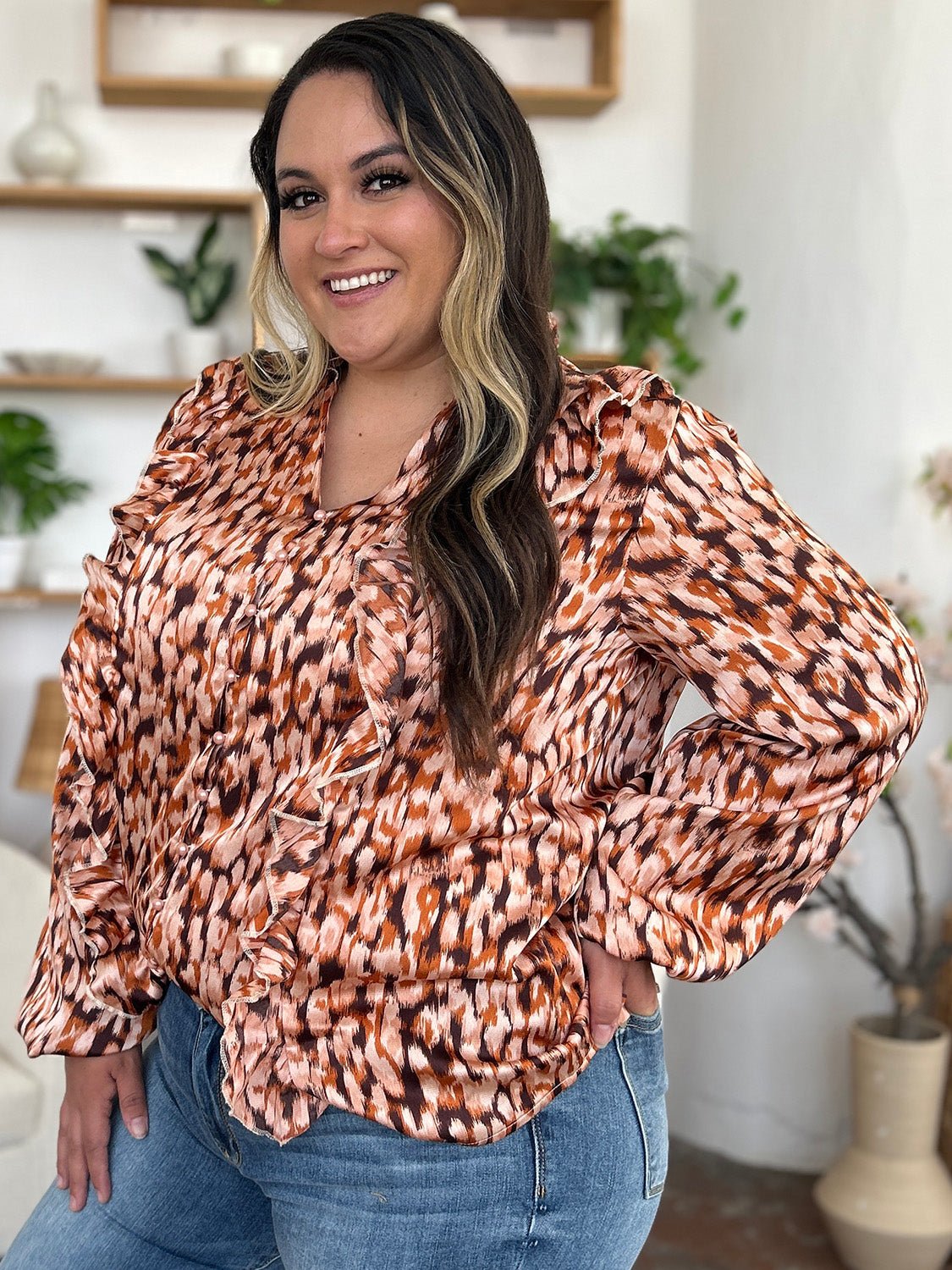 Double Take - Printed Ruffle Trim Balloon Sleeve Shirt