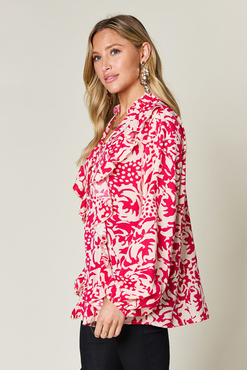 Double Take - Printed Ruffle Trim Balloon Sleeve Shirt