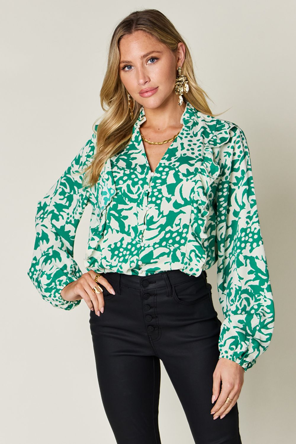 Double Take - Printed Ruffle Trim Balloon Sleeve Shirt