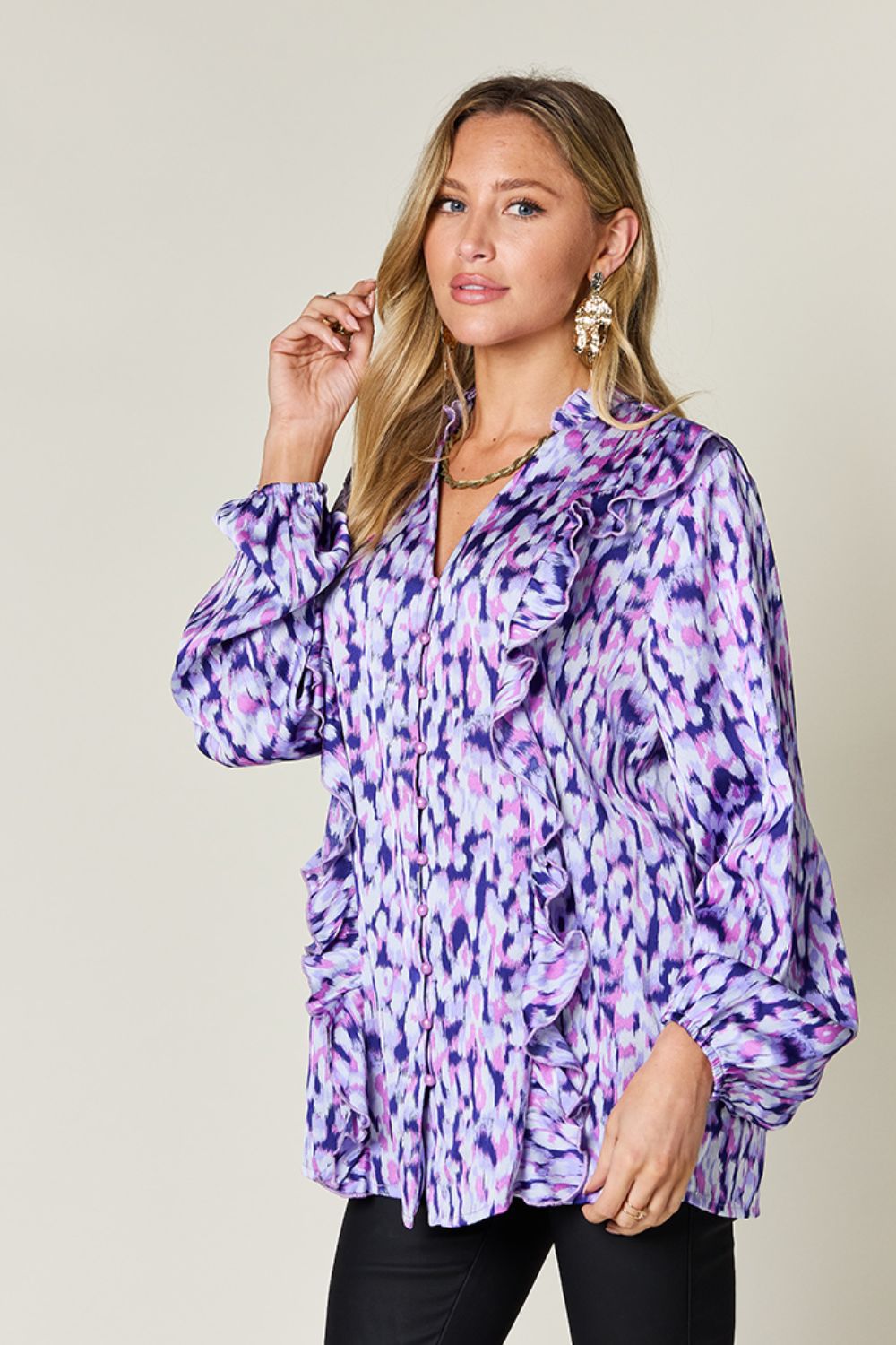 Double Take - Printed Ruffle Trim Balloon Sleeve Shirt