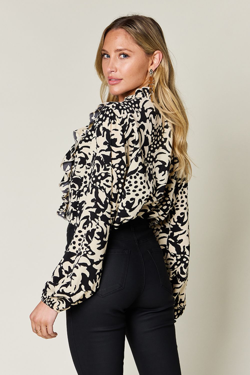 Double Take - Printed Ruffle Trim Balloon Sleeve Shirt