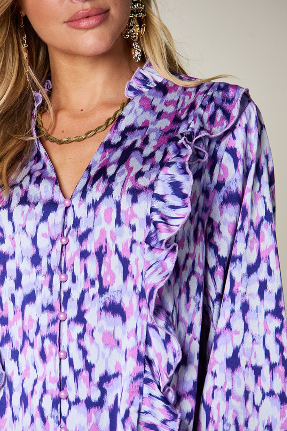 Double Take - Printed Ruffle Trim Balloon Sleeve Shirt