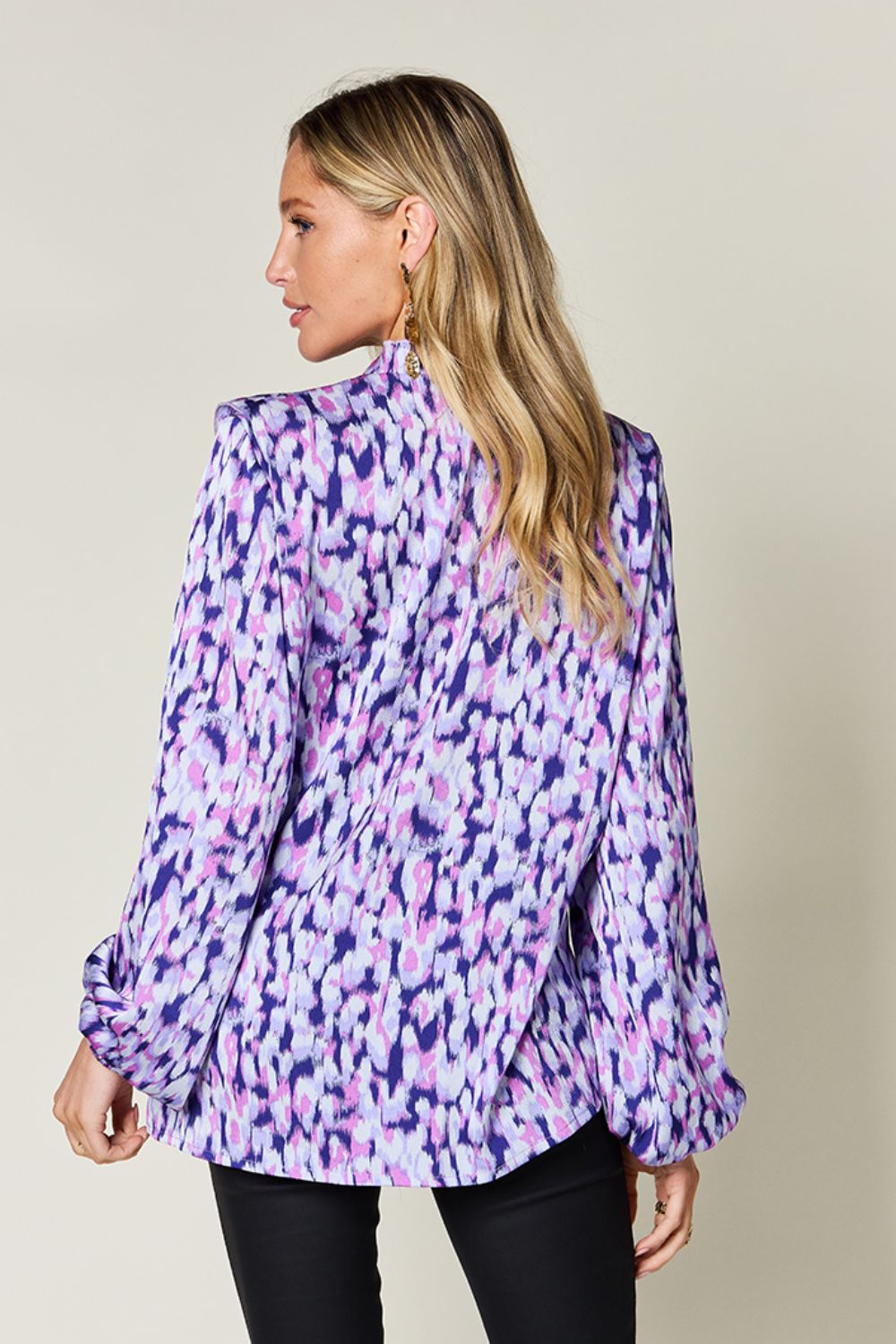 Double Take - Printed Ruffle Trim Balloon Sleeve Shirt