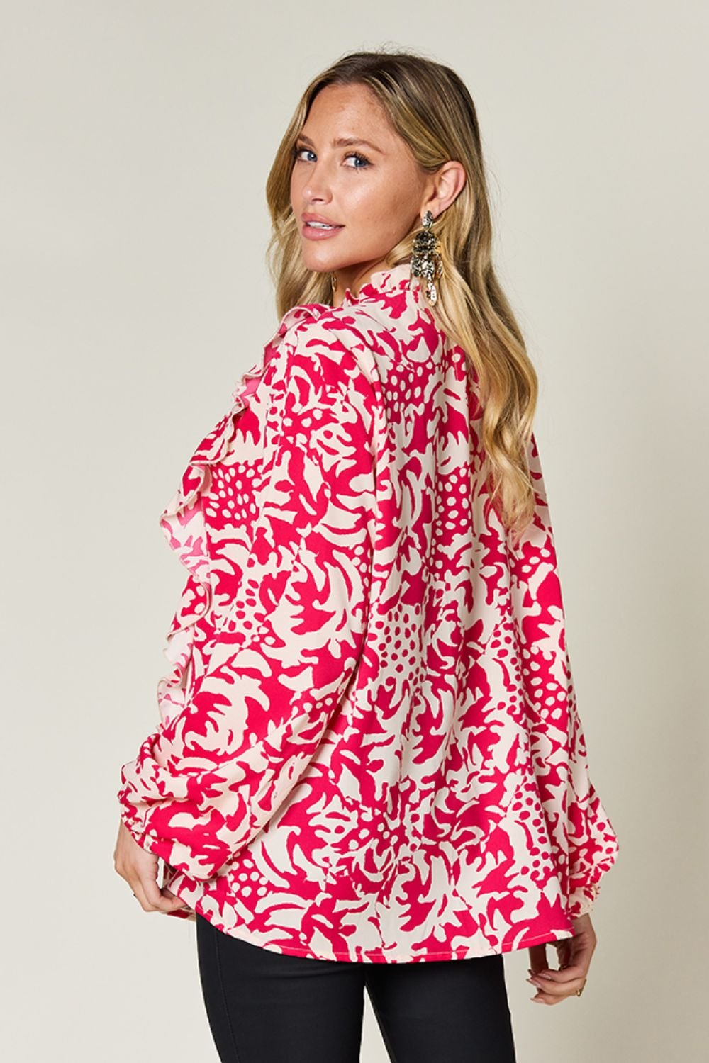 Double Take - Printed Ruffle Trim Balloon Sleeve Shirt