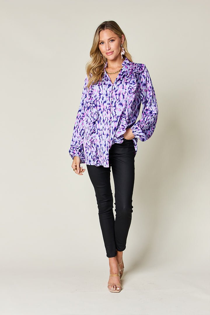 Double Take - Printed Ruffle Trim Balloon Sleeve Shirt