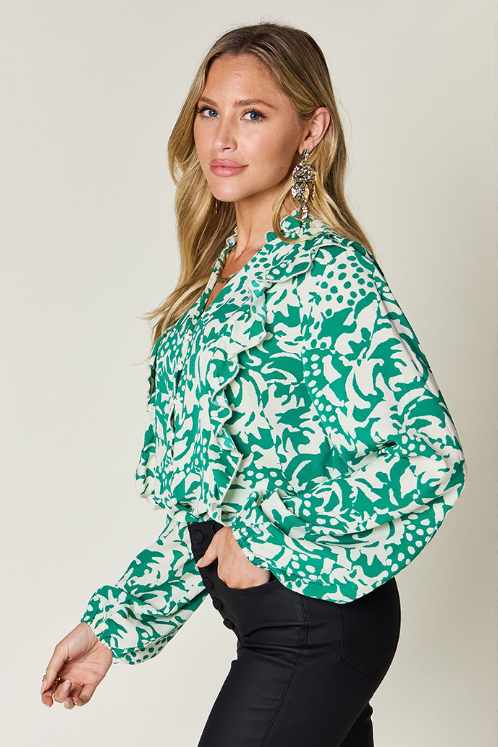 Double Take - Printed Ruffle Trim Balloon Sleeve Shirt