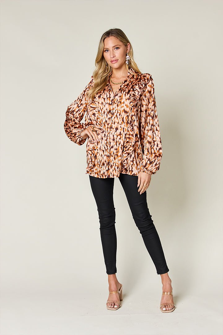 Double Take - Printed Ruffle Trim Balloon Sleeve Shirt