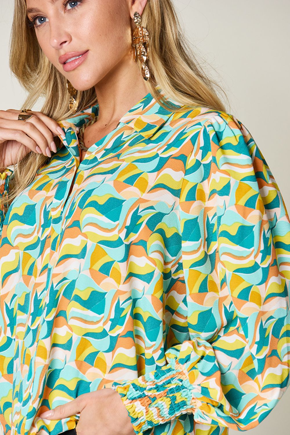 Double Take - Printed Smocked Cuff Long Sleeve Blouse in Turquoise