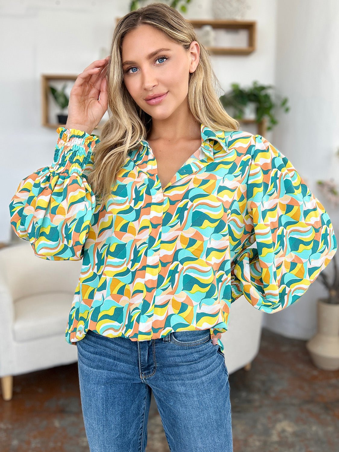 Double Take - Printed Smocked Cuff Long Sleeve Blouse in Turquoise