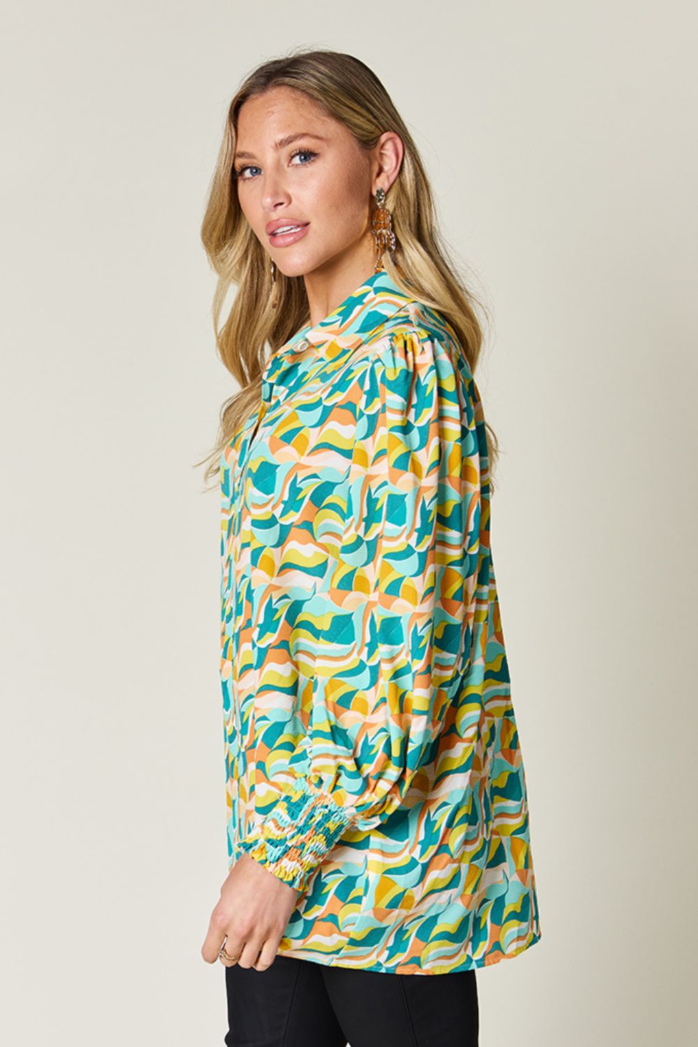 Double Take - Printed Smocked Cuff Long Sleeve Blouse in Turquoise