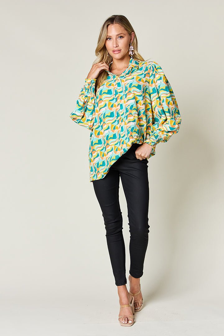 Double Take - Printed Smocked Cuff Long Sleeve Blouse in Turquoise