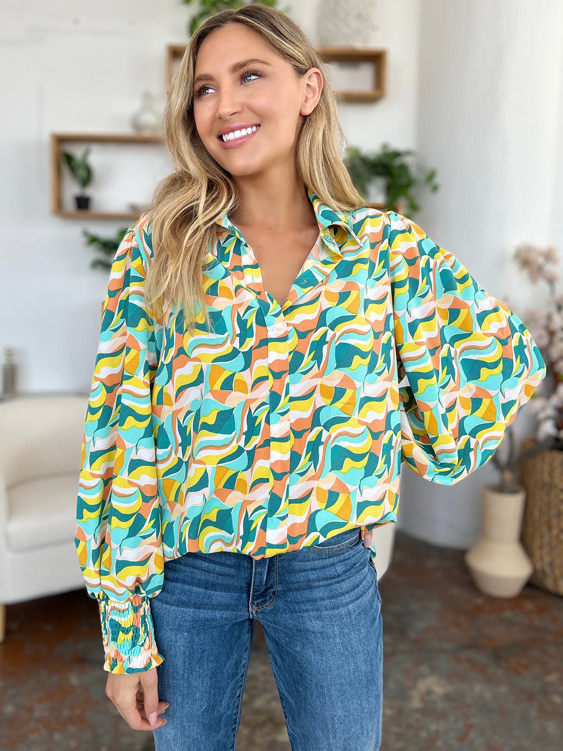 Double Take - Printed Smocked Cuff Long Sleeve Blouse in Turquoise