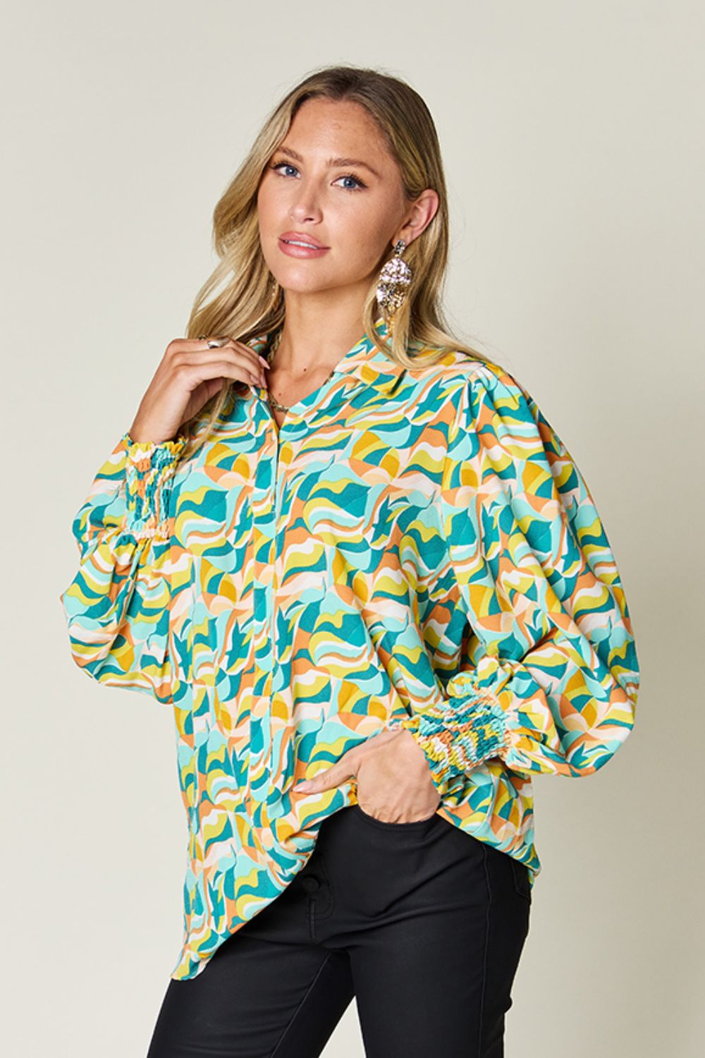 Double Take - Printed Smocked Cuff Long Sleeve Blouse in Turquoise