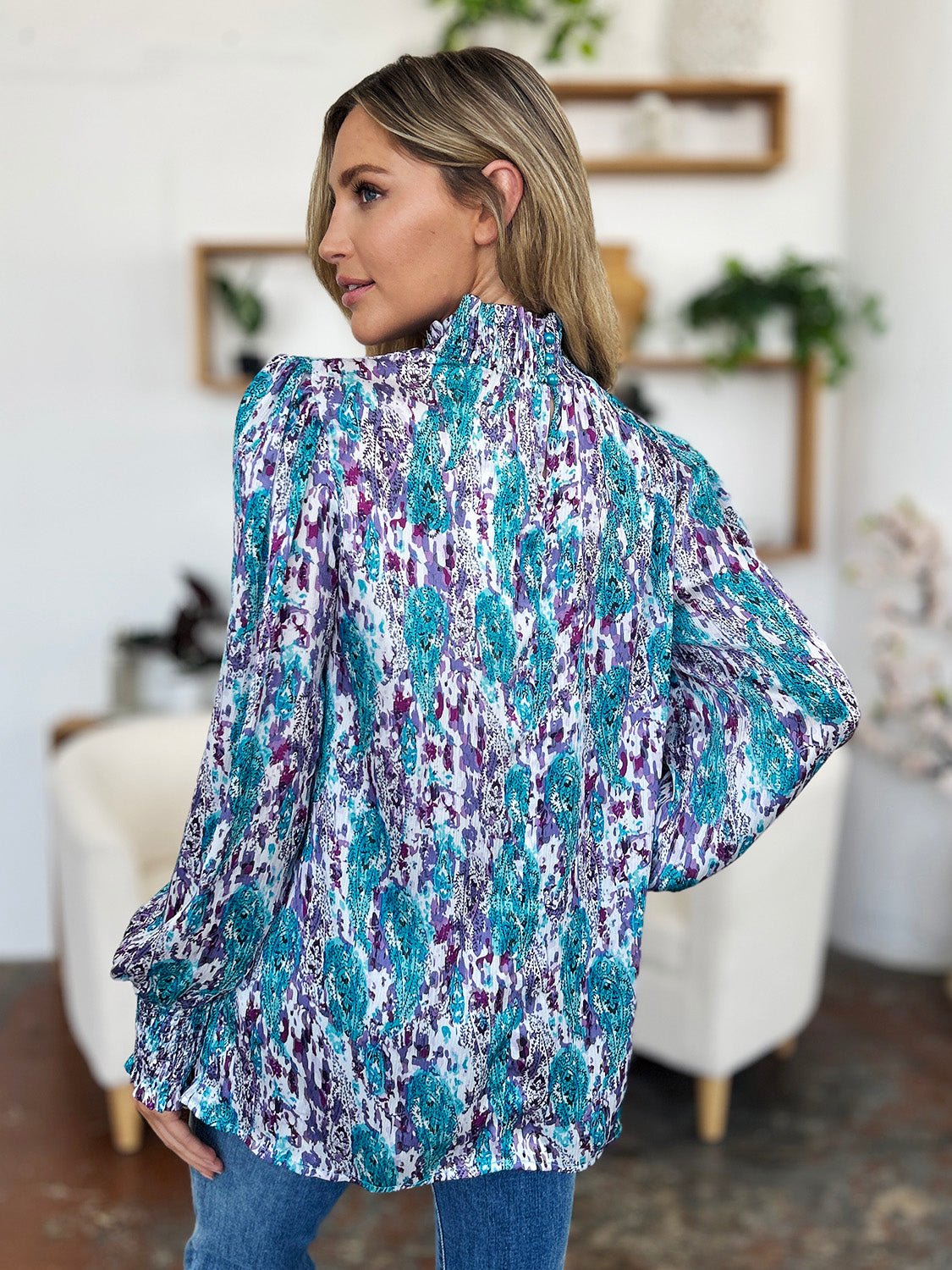 Double Take - Printed Smocked Long Sleeve Blouse