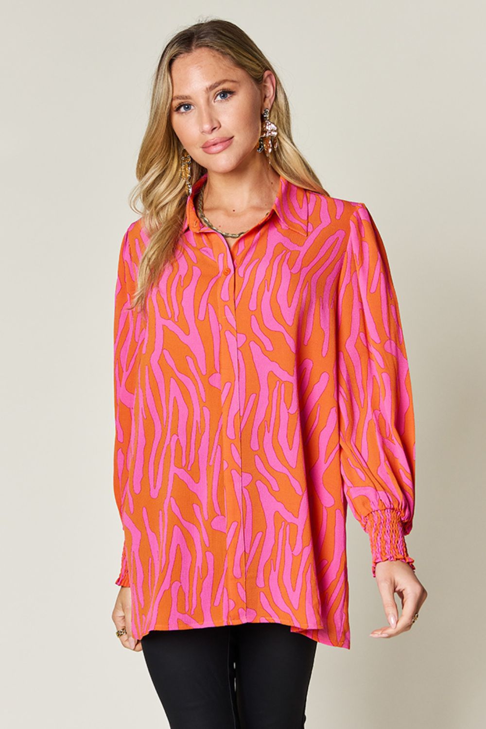 Double Take - Printed Smocked Long Sleeve Blouse