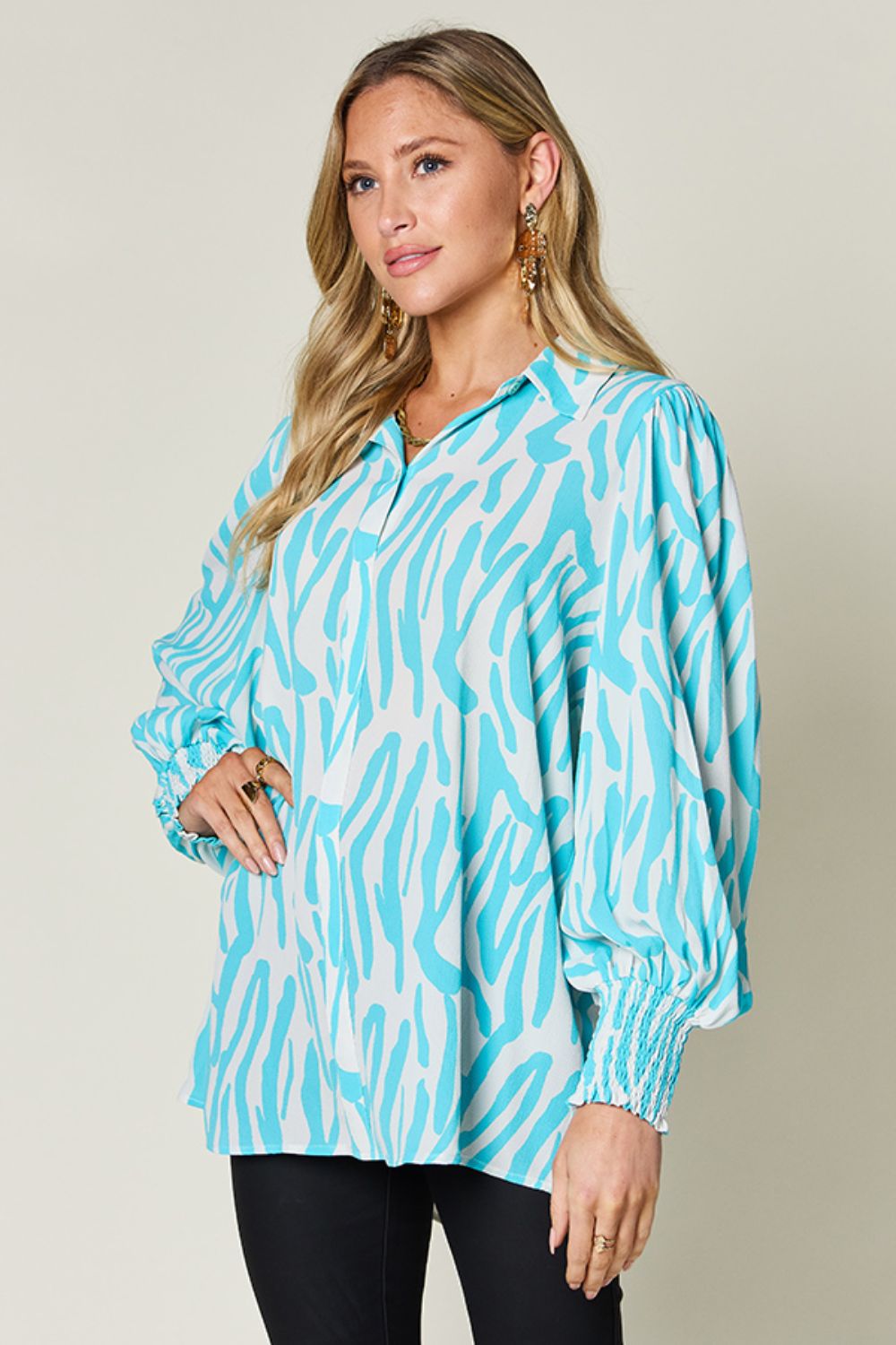 Double Take - Printed Smocked Long Sleeve Blouse