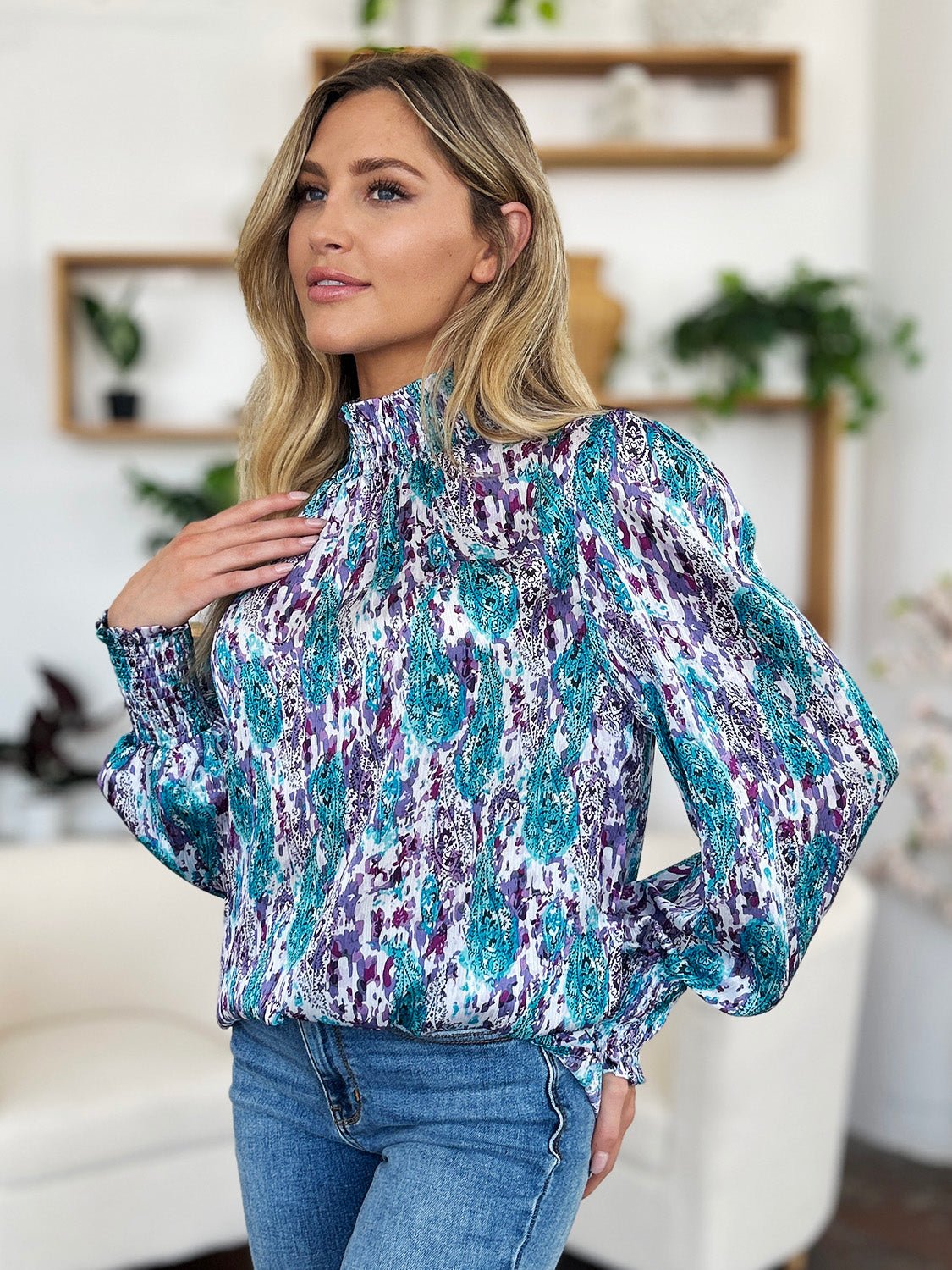 Double Take - Printed Smocked Long Sleeve Blouse