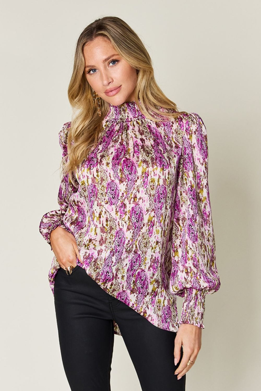 Double Take - Printed Smocked Long Sleeve Blouse