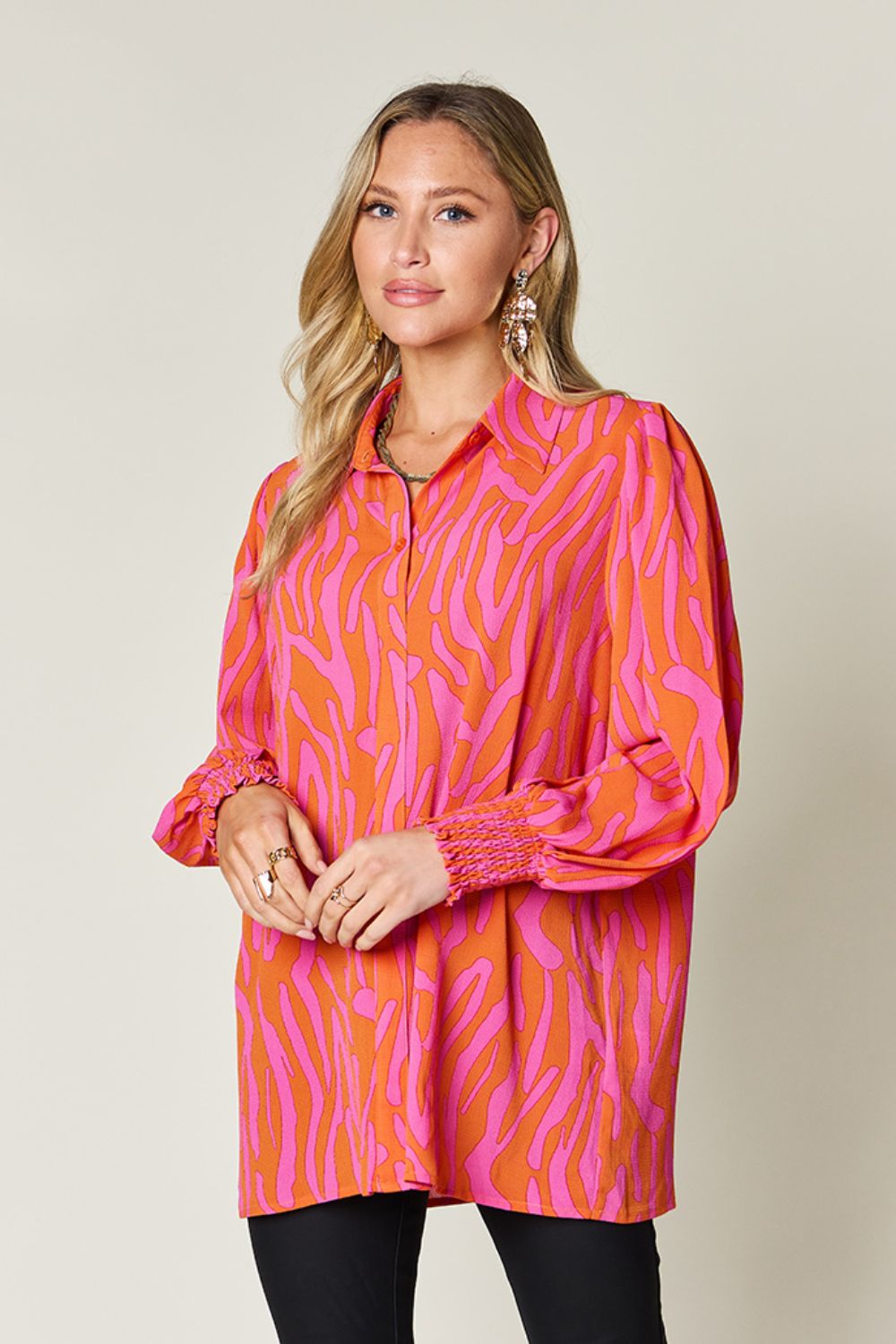 Double Take - Printed Smocked Long Sleeve Blouse